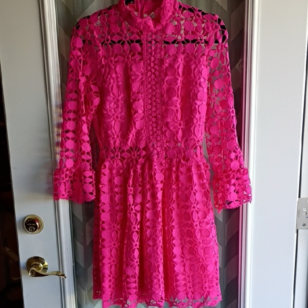 Vibrant Pink Lace Midi Dress